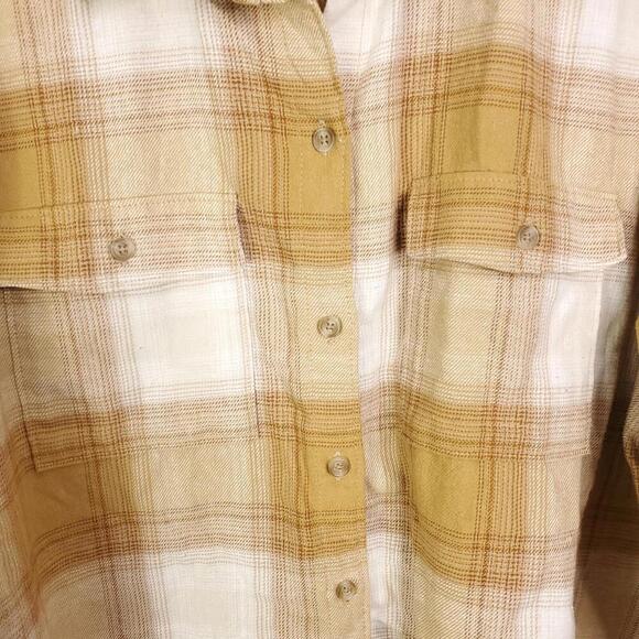 Old Navy Top Womens L Boyfriend Shirt Tunic Cream Plaid Soft Button Down - Picture 4 of 10